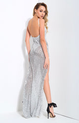 Iconic Silver Sequin Double Split Maxi Party Gown Dress - Fashion Genie Boutique