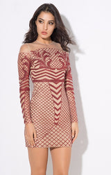 Meryl Red & Nude Glitter Long Sleeve Mini Dress - Fashion Genie Boutique