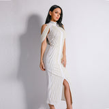High Society White Stud Embellished Slinky Maxi Dress - Fashion Genie Boutique