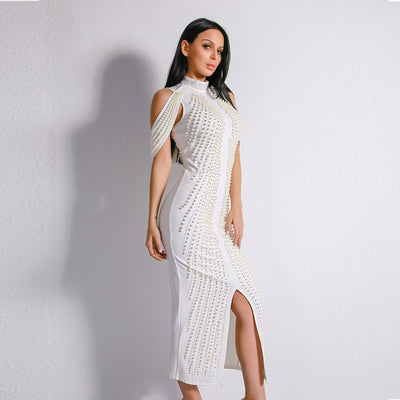 High Society White Stud Embellished Slinky Maxi Dress - Fashion Genie Boutique