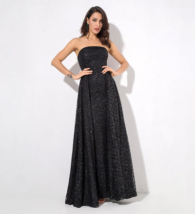A Star Is Born Black Glitter Strapless Maxi Gown Dress - Fashion Genie Boutique