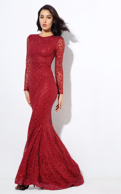 Spellbound Red Glitter Fishtail Long Sleeve Maxi Dress - Fashion Genie Boutique