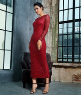 Deep Into You Red Long Sleeve Glitter Embellished Midi Dress - Fashion Genie Boutique