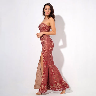 Princess Doll Red Strapless Glitter Maxi Split Fishtail Dress - Fashion Genie Boutique