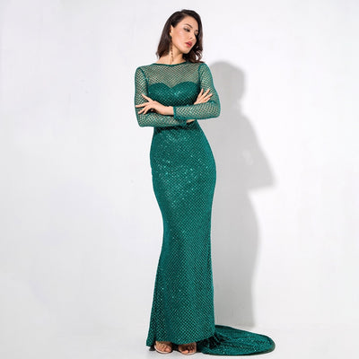 Making Moves Green Long Sleeve Glitter Maxi Gown Dress - Fashion Genie Boutique