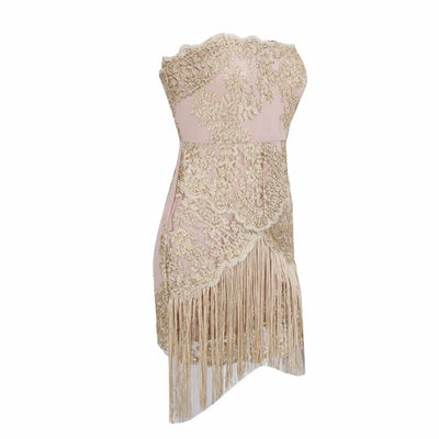 Sorrento Sunset Nude & Gold Embroidered Fringe Mini Dress - Fashion Genie Boutique