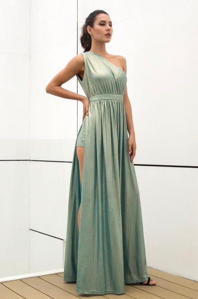 Dream Day Green Lace Asymmetric Satin Maxi Dress - Fashion Genie Boutique