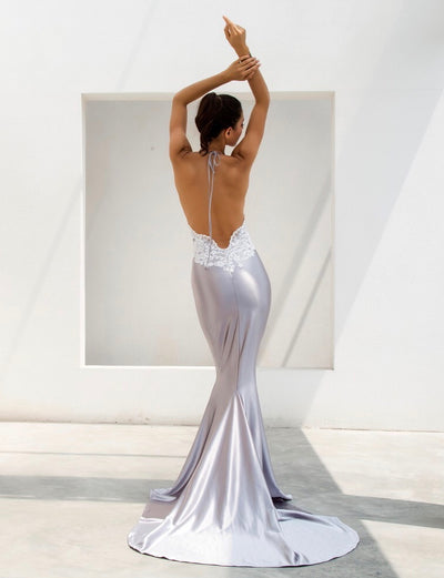 Sweet Lace Grey Satin Lace Maxi Fishtail Dress - Fashion Genie Boutique