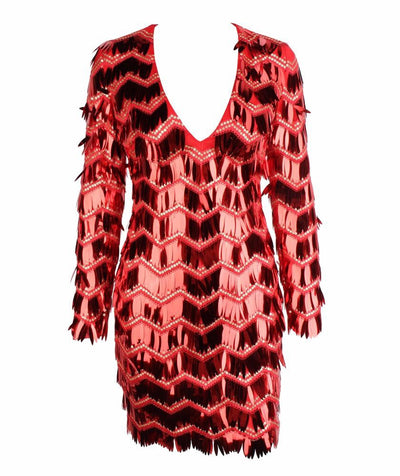 Keep them Keen Red Long Sleeve Sequin Tassel Mini Dress - Fashion Genie Boutique
