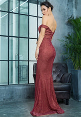 Little Treasure Burgundy Bardot Glitter Fishtail Maxi Gown Dress - Fashion Genie Boutique