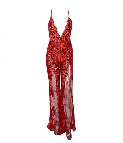 Bad Gal Red Sequin Split Leg Jumpsuit - Fashion Genie Boutique