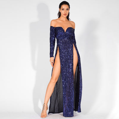 So Lavish Navy Sequin Bardot Double Split Maxi Dress - Fashion Genie Boutique