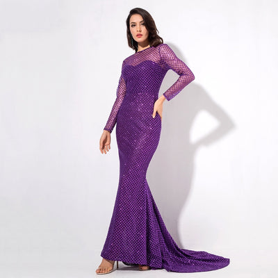 Making Moves Purple Long Sleeve Glitter Maxi Gown Dress - Fashion Genie Boutique