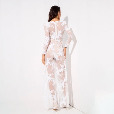 Lady Boss White Sequin Long Sleeve Split Leg Jumpsuit - Fashion Genie Boutique