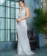 Alabama Silver Cowl Neck Sequin Maxi Fishtail Dress - Fashion Genie Boutique