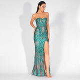 Sweet Vision Green Strapless Sequin Spilt Maxi Gown Dress - Fashion Genie Boutique