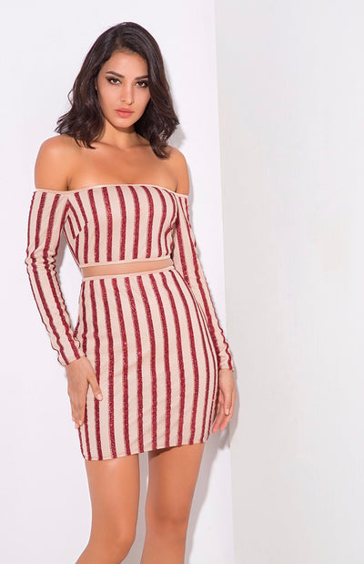 Walk the Line Red Bardot Glitter Mini Dress - Fashion Genie Boutique