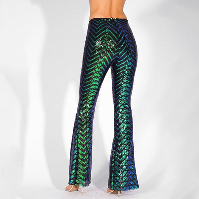 Ibiza Party Green Iridescent Sequin High Waisted Bootcut Trousers - Fashion Genie Boutique