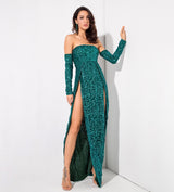 Princess Of Charm Green Bardot Glitter Double Split Maxi Dress - Fashion Genie Boutique