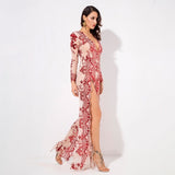 Lady Boss Red Sequin Long Sleeve Split Leg Jumpsuit - Fashion Genie Boutique