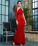 Luxury Night Red Sequin One Shoulder Maxi Gown Dress - Fashion Genie Boutique