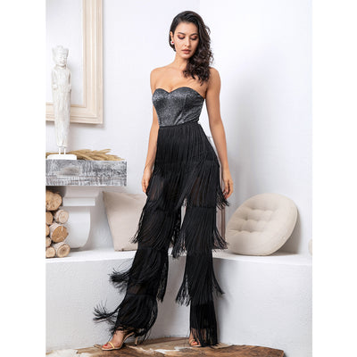 Queen of Sheen Black Strapless Fringe Jumpsuit - Fashion Genie Boutique