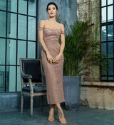 Monte Carlo Rose Gold Bardot Glitter Embellished Midi Dress - Fashion Genie Boutique