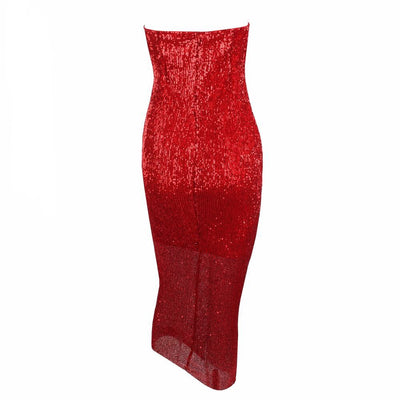 Glam Doll Silver Strapless Sequin Midi Dress - Fashion Genie Boutique