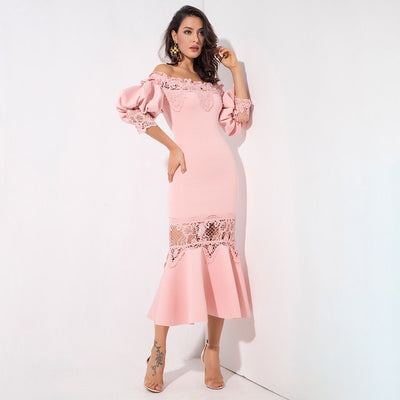 Mamacita Pink Bardot Lace Panel Midi Dress - Fashion Genie Boutique