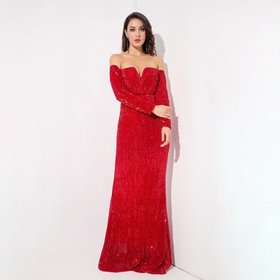 Dressed To Thrill Red Sequin Bardot Maxi Dress - Fashion Genie Boutique