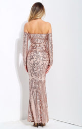 Invite To Shine Rose Gold Bardot Sequin Maxi Dress - Fashion Genie Boutique