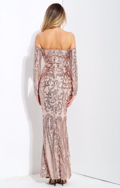 Invite To Shine Rose Gold Bardot Sequin Maxi Dress - Fashion Genie Boutique