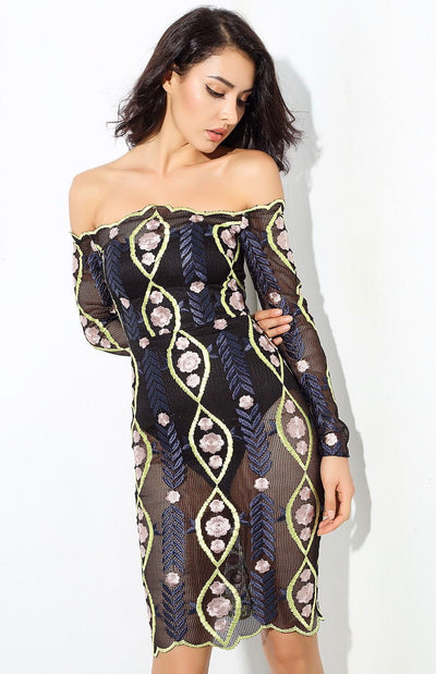 Shelly Black Bardot Long Sleeve Mesh Mini Dress - Fashion Genie Boutique