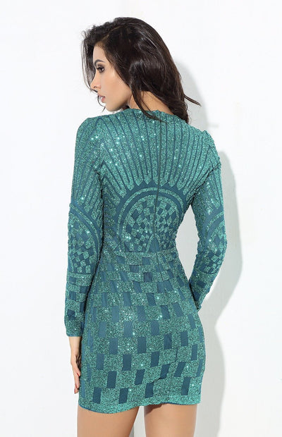 Gatsby Green Glitter Embellished Long Sleeve Mini Dress - Fashion Genie Boutique