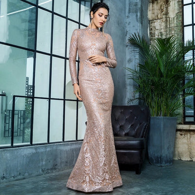 Moroccan Mama Gold Long Sleeve Glitter Fishtail Maxi Dress - Fashion Genie Boutique