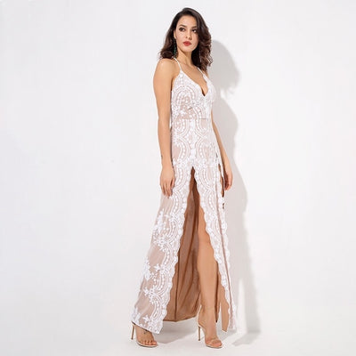 Crash The Party White Sequin Double Split Maxi Dress - Fashion Genie Boutique