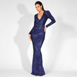 One True Love Navy Long Sleeve Sequin Maxi Gown Dress - Fashion Genie Boutique