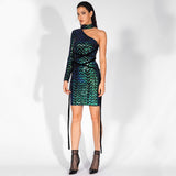 Make The Cut Green Iridescent Sequin One Shoulder Mini Dress - Fashion Genie Boutique