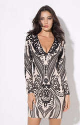 Gal Crush Black And Nude Sequin Long Sleeve Mini Dress - Fashion Genie Boutique