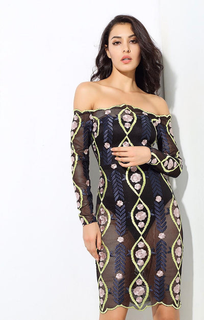 Shelly Black Bardot Long Sleeve Mesh Mini Dress - Fashion Genie Boutique