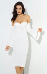 No Competition White Long Sleeve Bardot Midi Dress - Fashion Genie Boutique