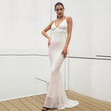 Cotton Candy White Iridescent Sequin Fishtail Maxi Dress - Fashion Genie Boutique