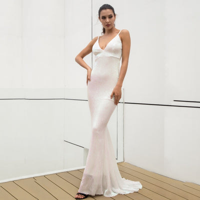 Cotton Candy White Iridescent Sequin Fishtail Maxi Dress - Fashion Genie Boutique