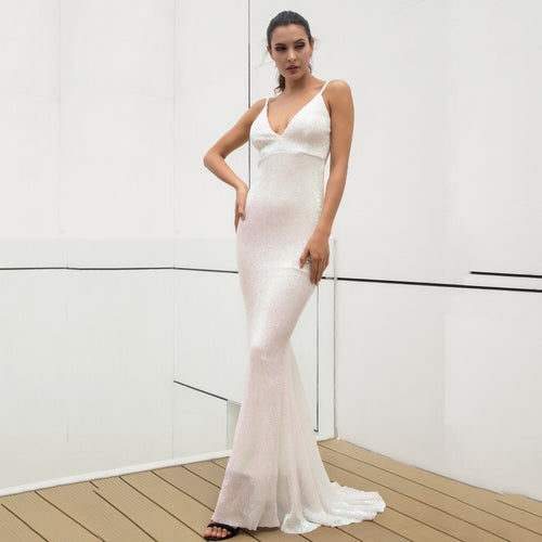 Cotton Candy White Iridescent Sequin Fishtail Maxi Dress - Fashion Genie Boutique