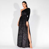 Just One Wish Black Velvet One Shoulder Long Sleeve Maxi Playsuit - Fashion Genie Boutique