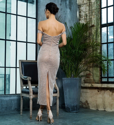 Monte Carlo Sliver Bardot Glitter Embellished Midi Dress - Fashion Genie Boutique