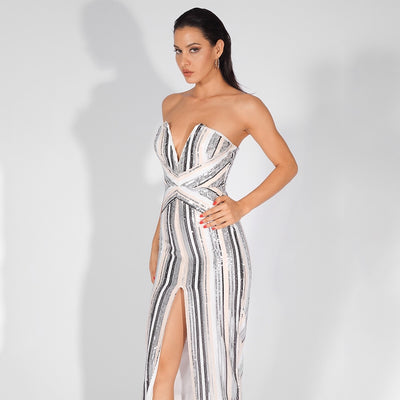 Cuddle Me Crazy Multi Stripe Strapless Split Maxi Dress - Fashion Genie Boutique
