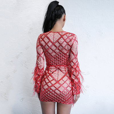 Meagan Red Feather Long Sleeve Mini Dress - Fashion Genie Boutique