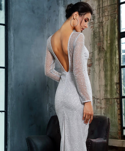 Deep Into You Silver Long Sleeve Glitter Embellished Midi Dress - Fashion Genie Boutique