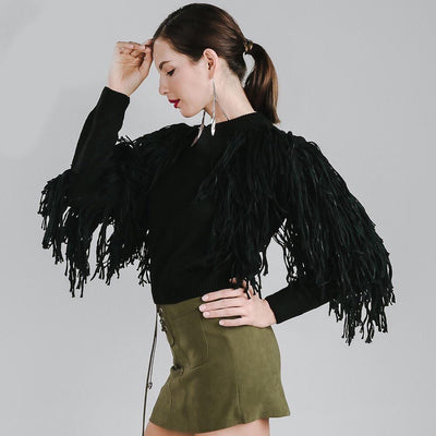 Fall in Love White Tassel Fringe Sleeved Cropped Jumper - Fashion Genie Boutique